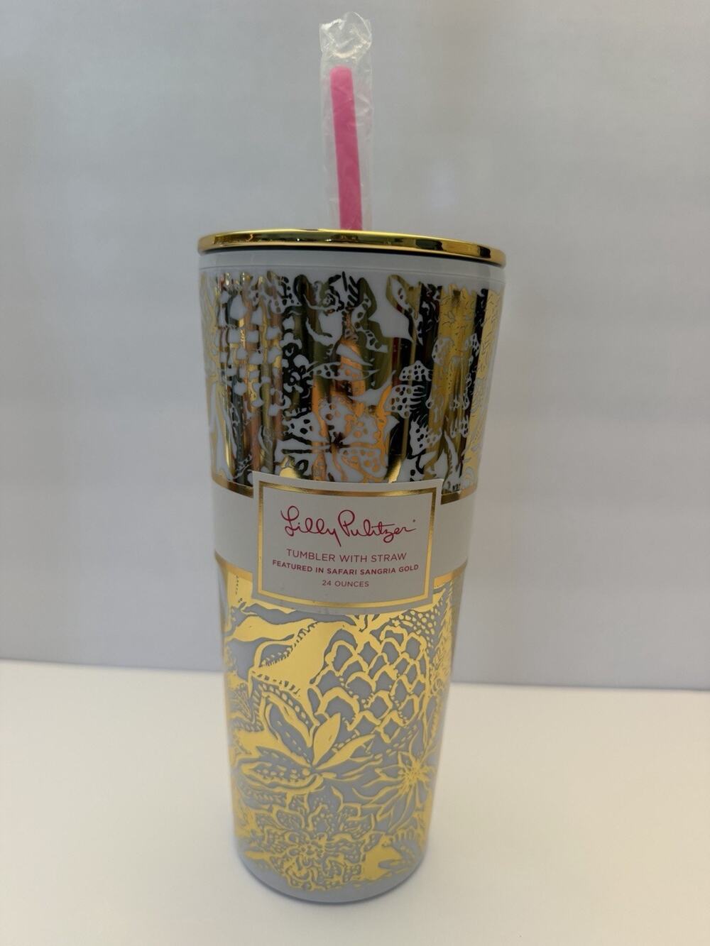 NEW! Lilly Pulitzer 24oz Tumbler with Straw “Safari Sangria Gold” Metallic Lid